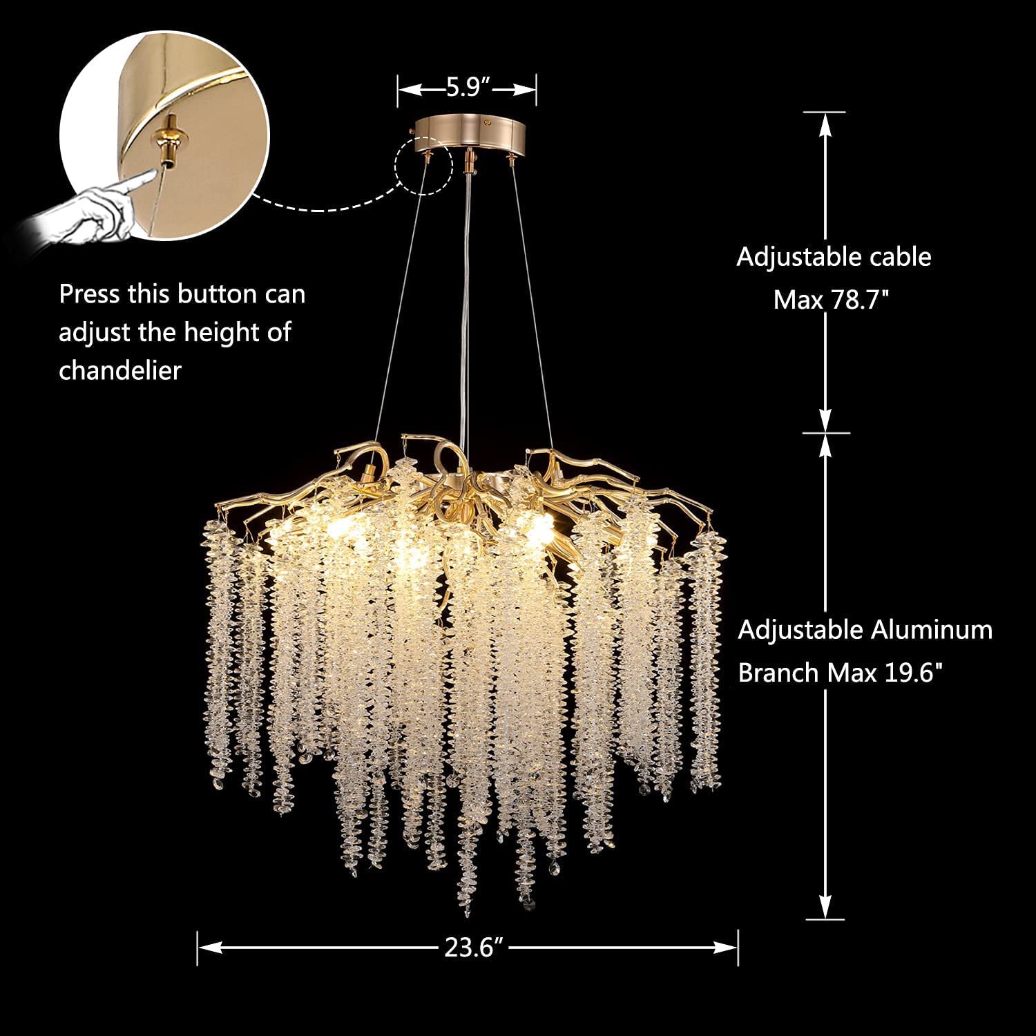Elegant Crystal Icicle Chandelier in Branch Style for Dining Table Use - Round D59.1"/16 LightsChromeWarm LightJoyfuzzy