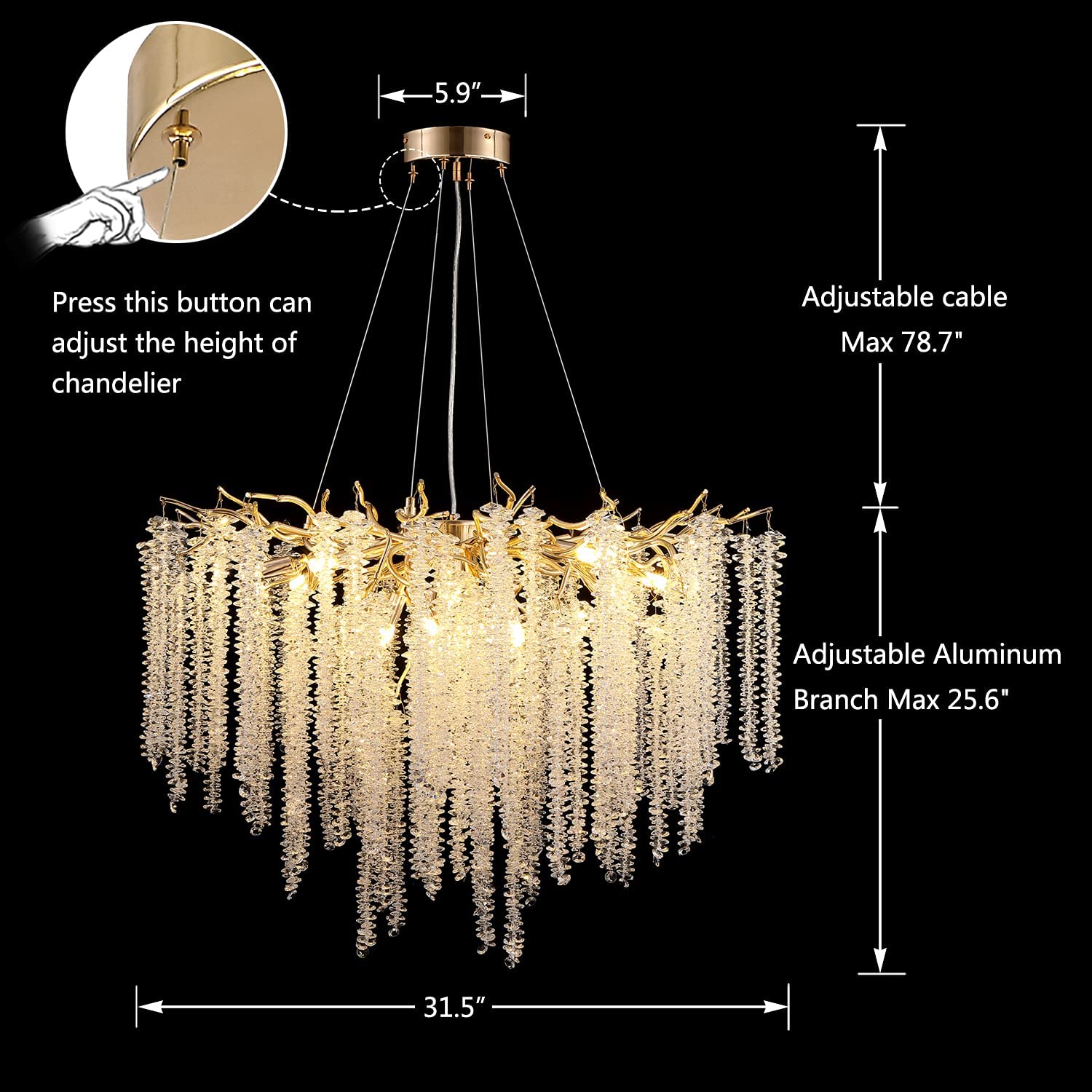 Elegant Crystal Icicle Chandelier in Branch Style for Dining Table Use - Round D59.1"/16 LightsChromeWarm LightJoyfuzzy
