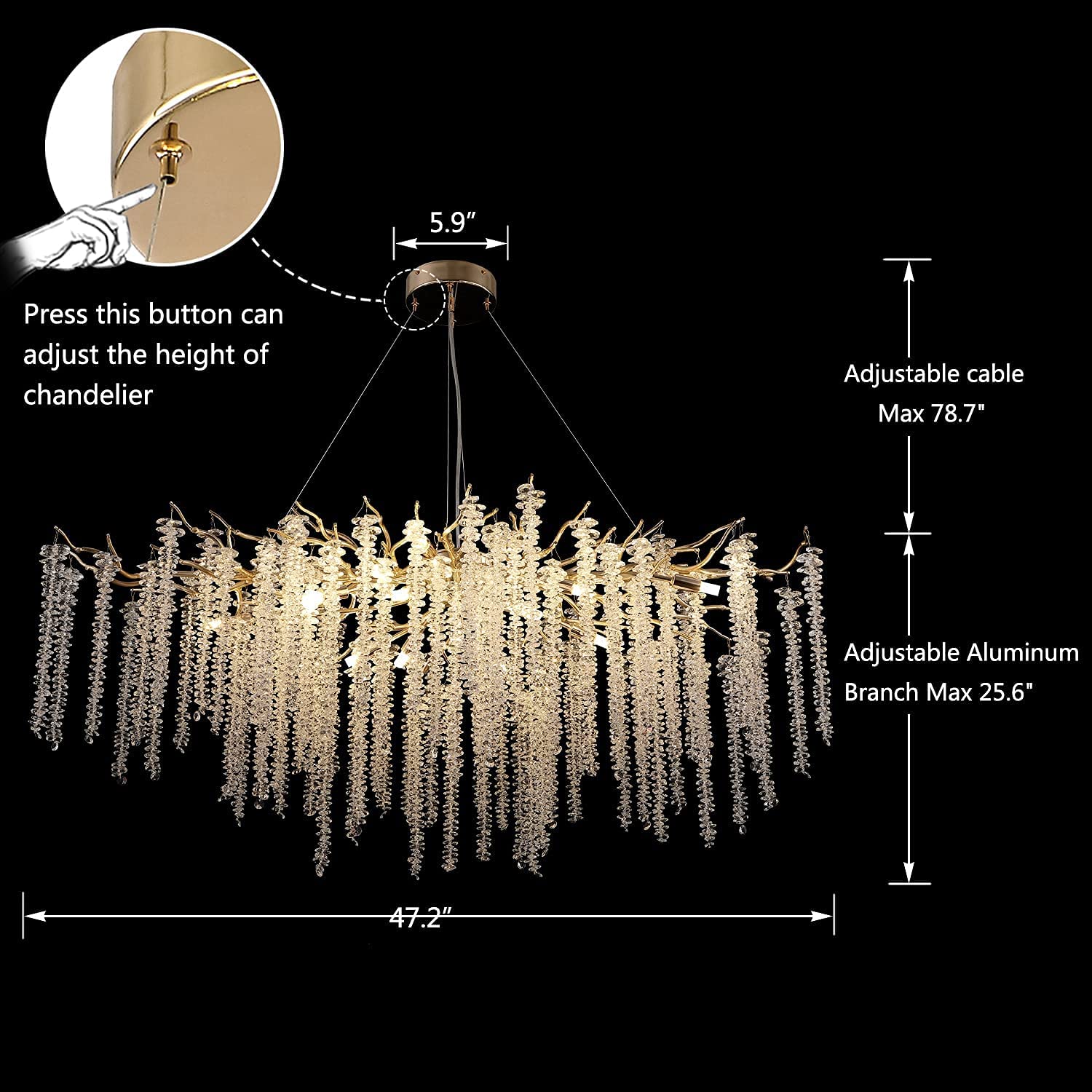 Elegant Crystal Icicle Chandelier in Branch Style for Dining Table Use - Round D59.1"/16 LightsChromeWarm LightJoyfuzzy
