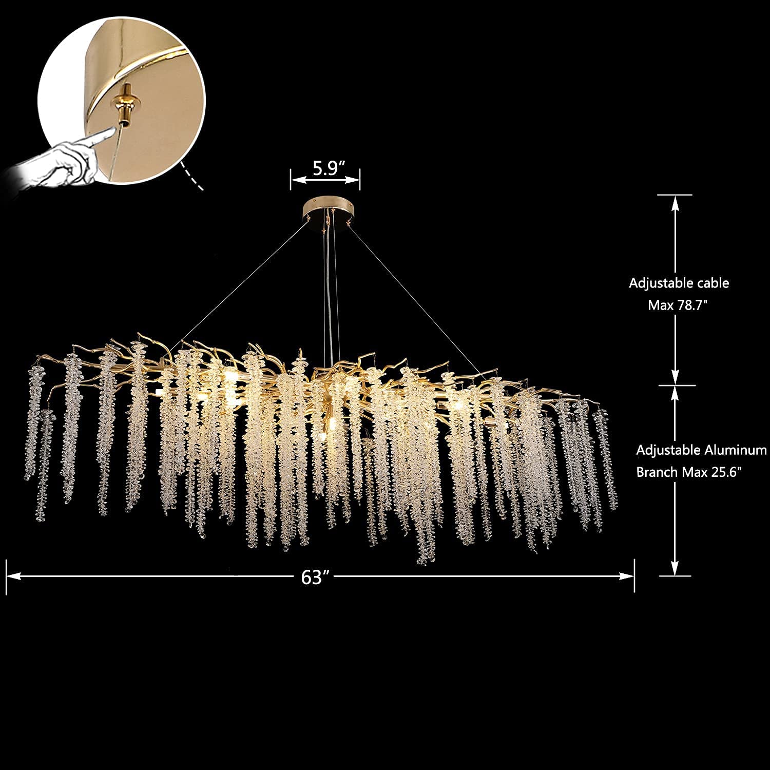 Elegant Crystal Icicle Chandelier in Branch Style for Dining Table Use - Round D59.1"/16 LightsChromeWarm LightJoyfuzzy