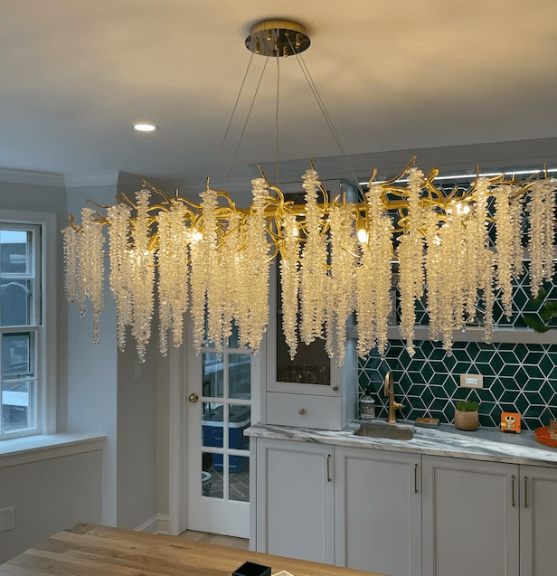 Elegant Crystal Icicle Chandelier in Branch Style for Dining Table Use - Rectangle L39.4"*W17.7"*H15.7"/10 Lights/10.9kgGoldWarm LightJoyfuzzy