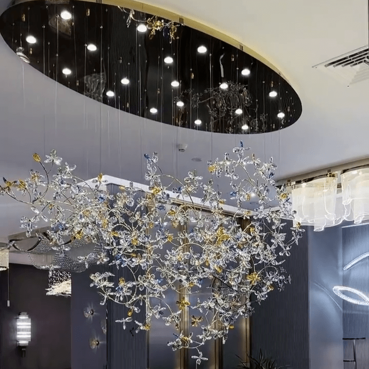 Exquisite Crystal Flower Branch Chandelier for Hotel Foyer and Entryway Ceiling Lighting Fixture - L47.2" * W17.7" * H47.2"/23.3kgChrome Branches+Chrome CanopyWarm LightJoyfuzzy