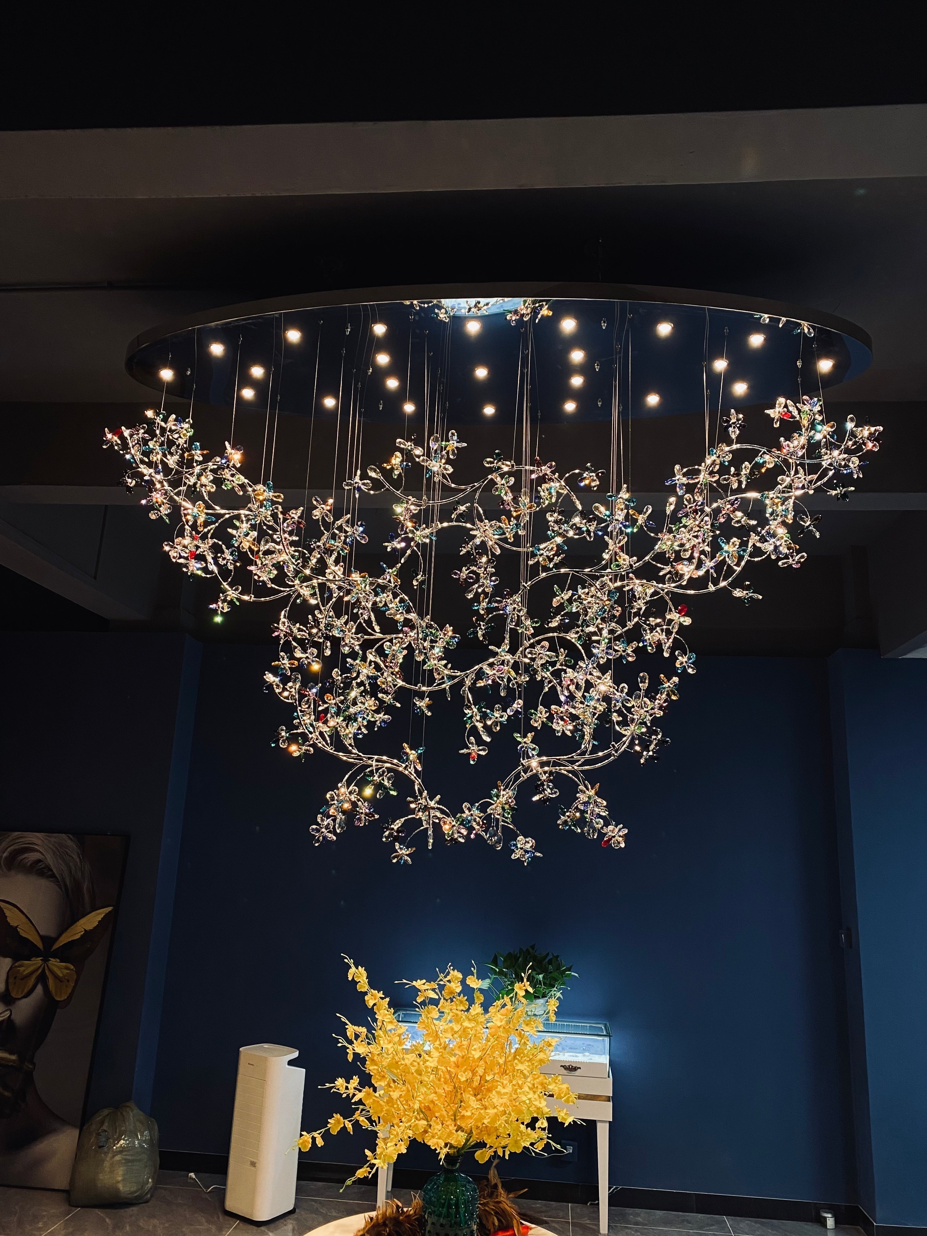 Exquisite Crystal Flower Branch Chandelier for Hotel Foyer and Entryway Ceiling Lighting Fixture - L47.2" * W17.7" * H47.2"/23.3kgChrome Branches+Chrome CanopyWarm LightJoyfuzzy