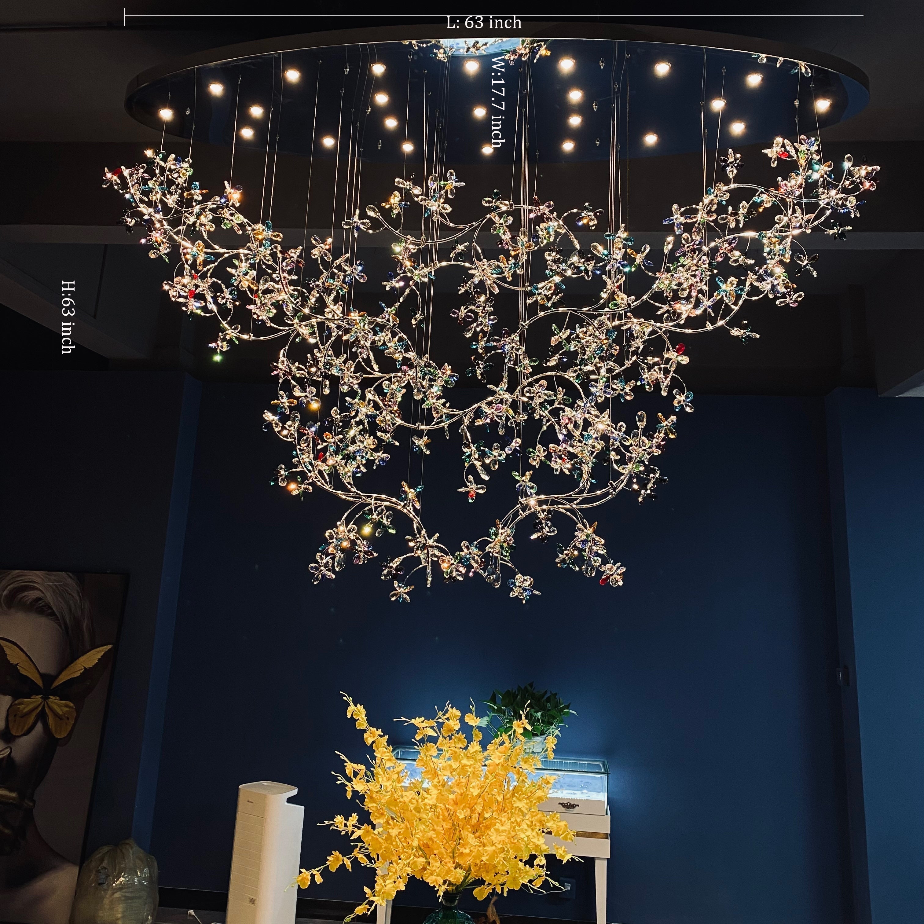 Exquisite Crystal Flower Branch Chandelier for Hotel Foyer and Entryway Ceiling Lighting Fixture - L63" * W17.7" * H63"Chrome Branches+Chrome CanopyWarm LightJoyfuzzy