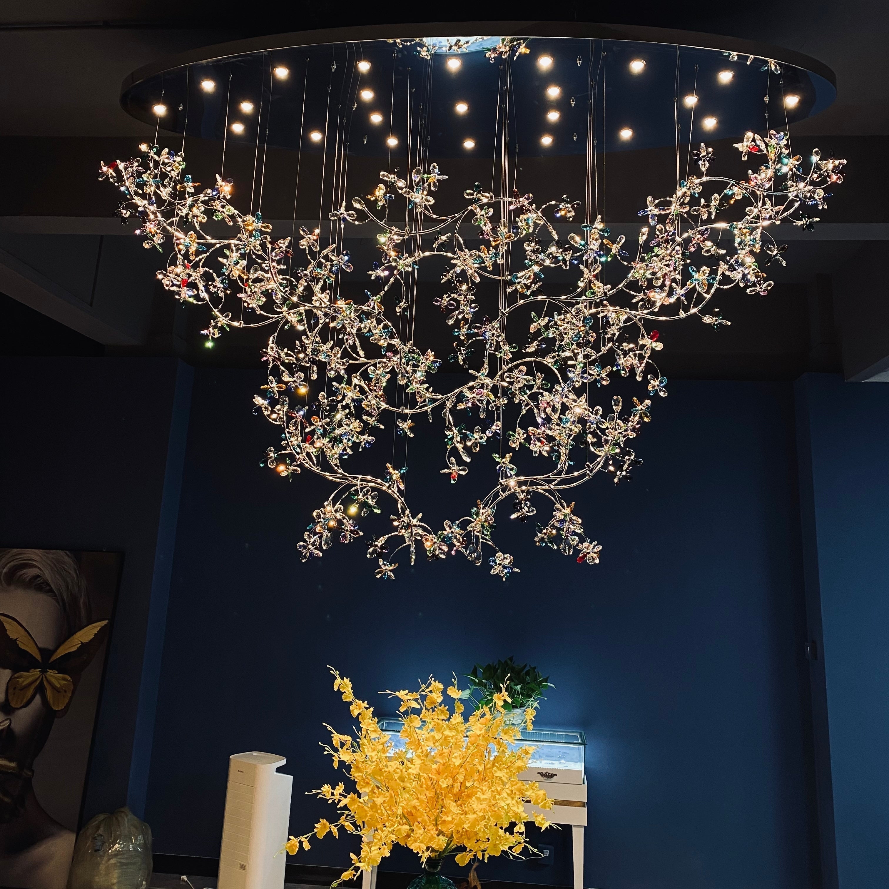 Exquisite Crystal Flower Branch Chandelier for Hotel Foyer and Entryway Ceiling Lighting Fixture - L47.2" * W17.7" * H47.2"/23.3kgChrome Branches+Chrome CanopyWarm LightJoyfuzzy