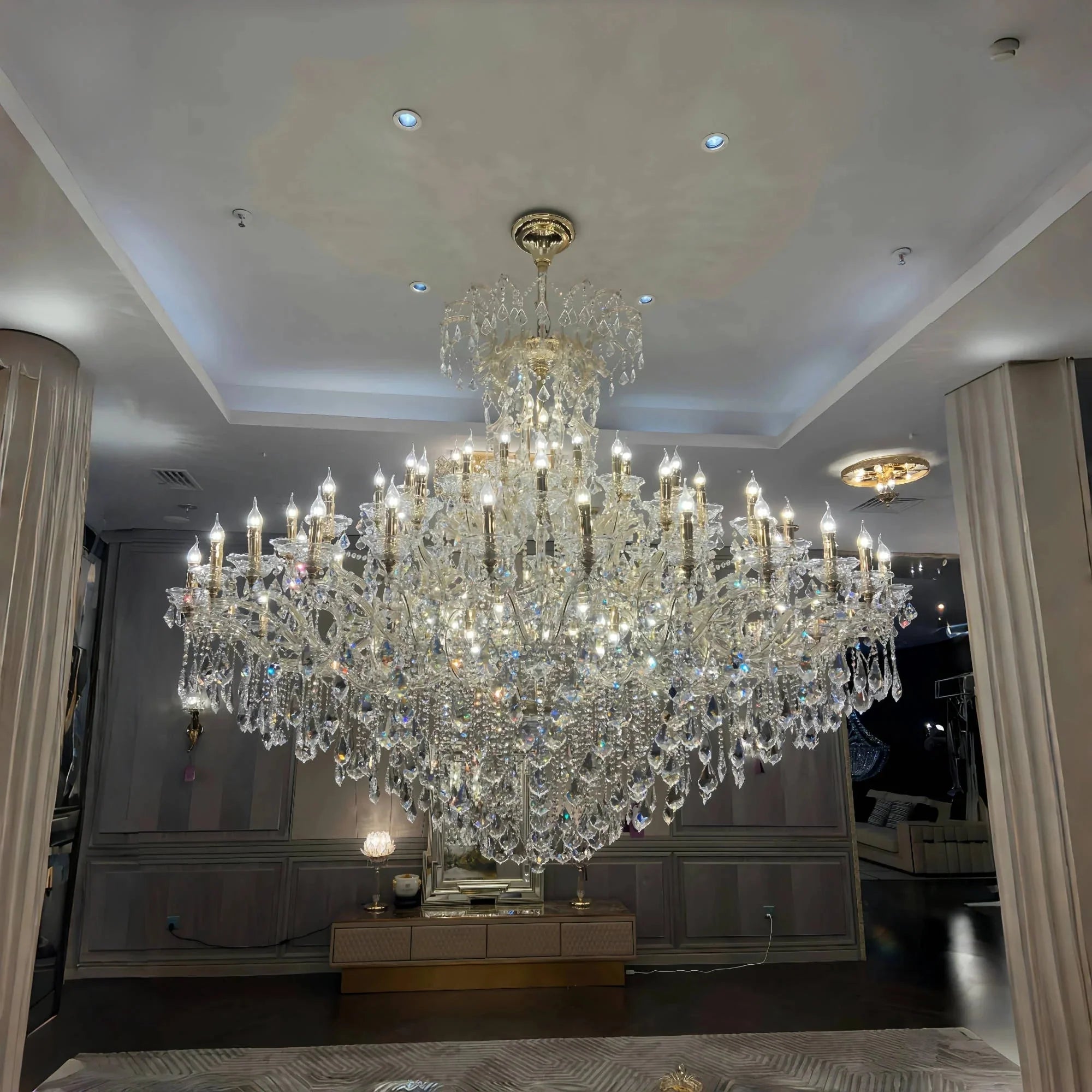 Extra Large Elegant Crystal Chandelier in Branch Style with Candle Layers for Stairs Living Room and Foyer - Customized Size D48"GoldWarm LightJoyfuzzy