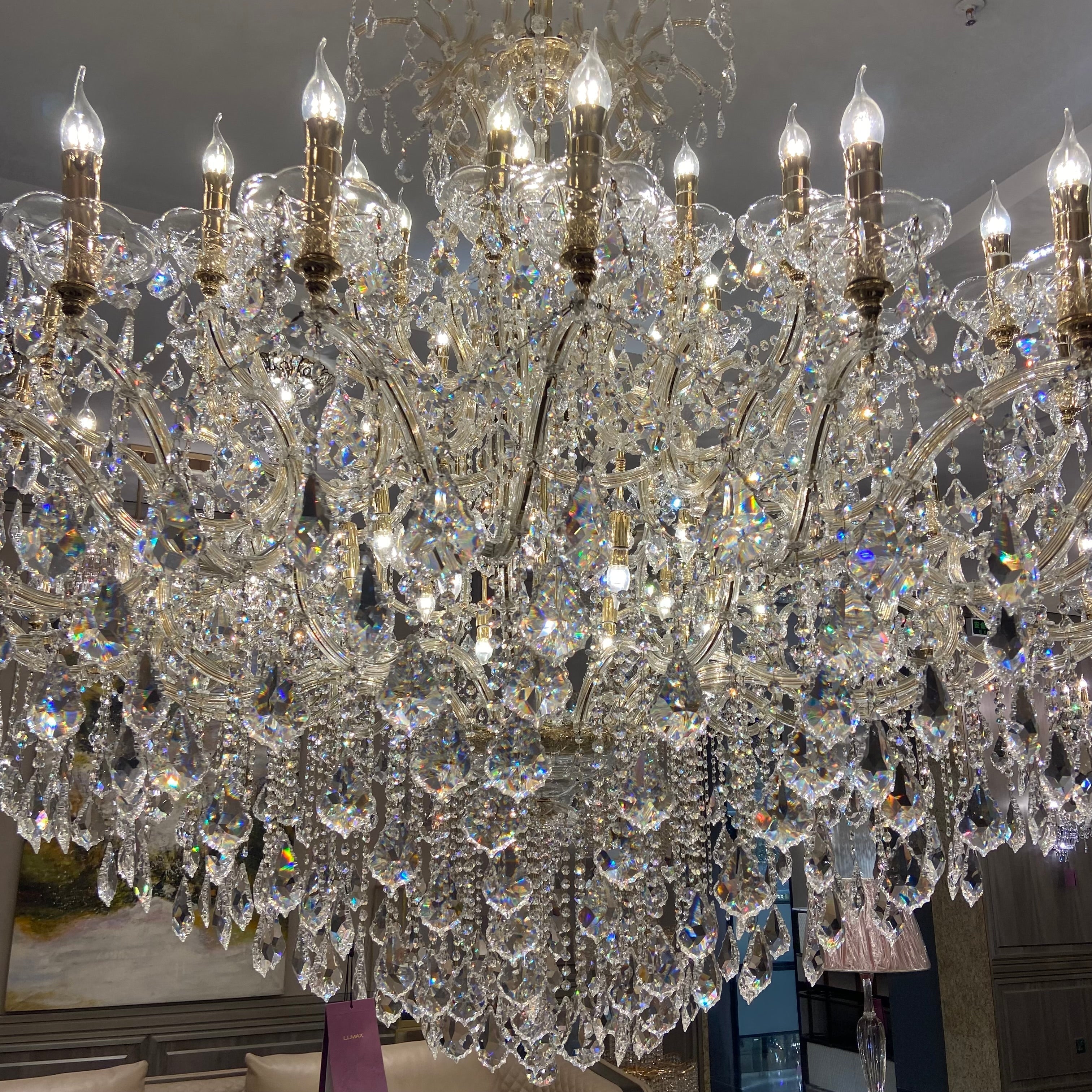 Extra Large Elegant Crystal Chandelier in Branch Style with Candle Layers for Stairs Living Room and Foyer - Customized Size D48"GoldWarm LightJoyfuzzy