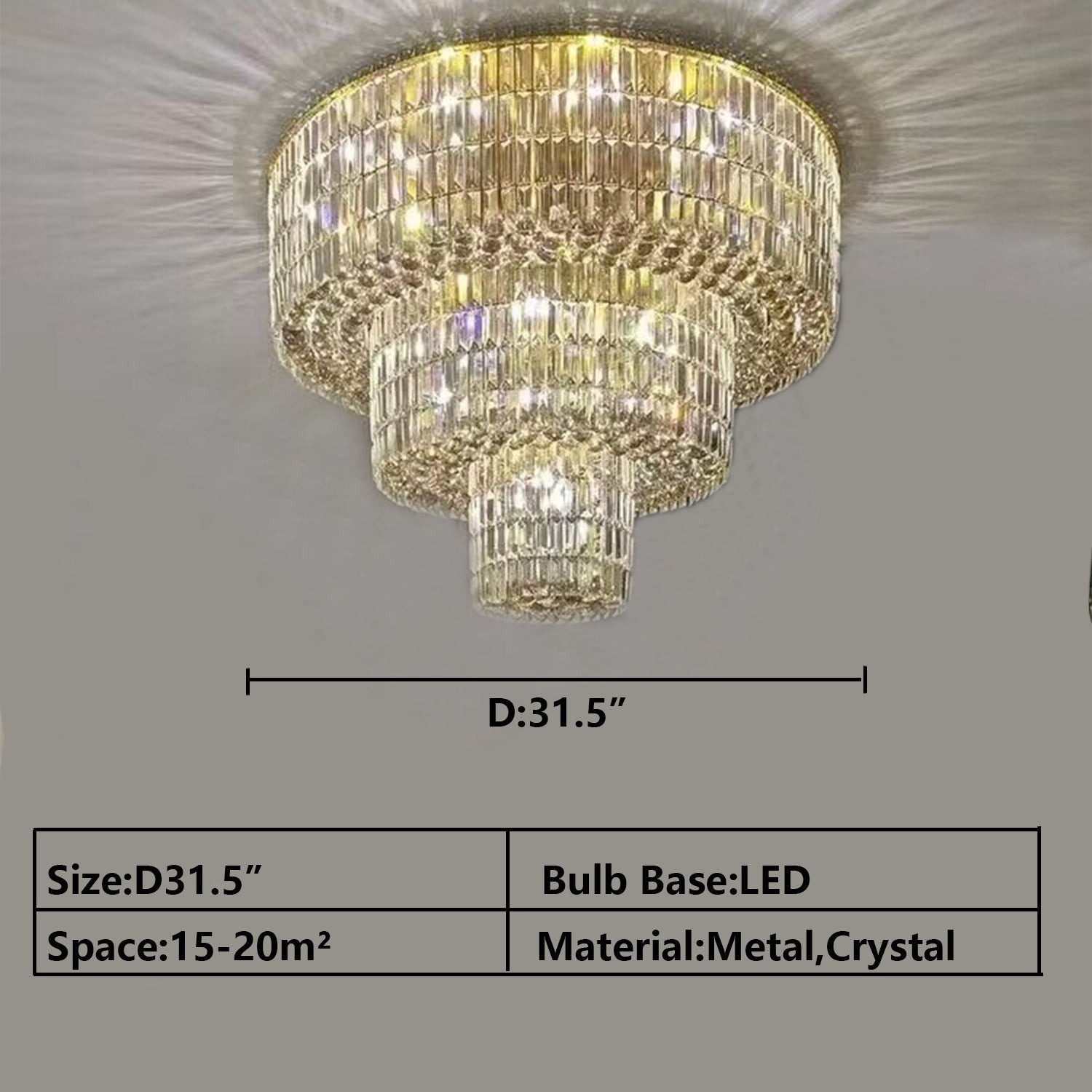 Extra Large Gold Flush Mount Crystal Light Round 3 - layers Decorative Living Room/Dining Room Light Fixture - D23.6"*H25.2"/31.5kgWarm LightJoyfuzzy