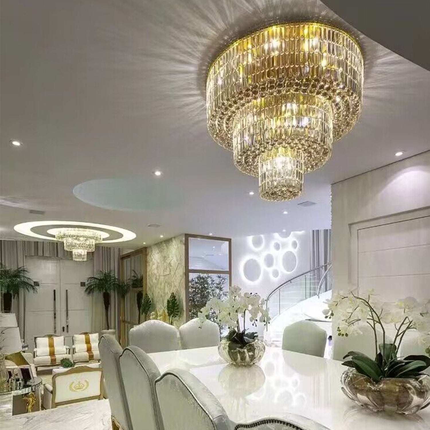 Extra Large Gold Flush Mount Crystal Light Round 3 - layers Decorative Living Room/Dining Room Light Fixture - D23.6"*H25.2"/31.5kgWarm LightJoyfuzzy