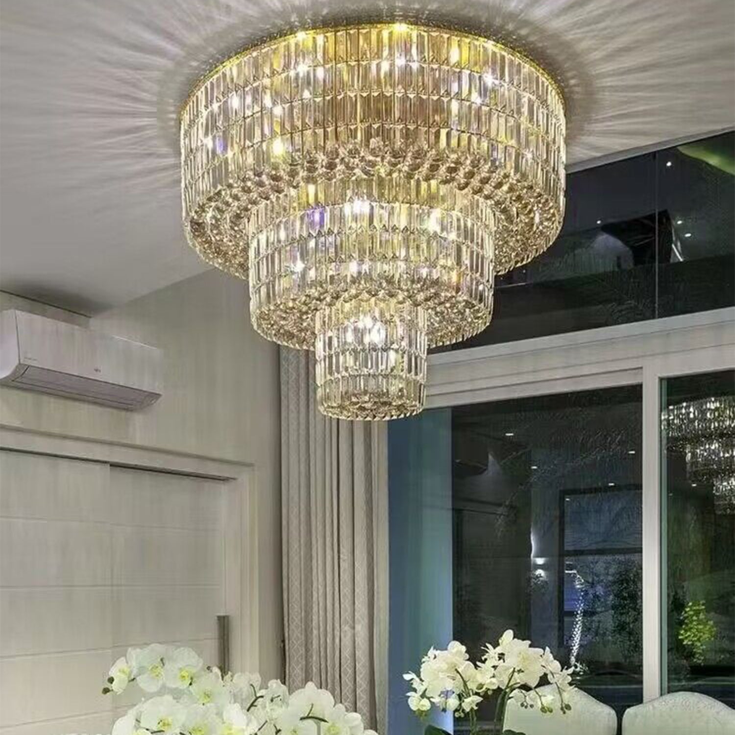 Extra Large Gold Flush Mount Crystal Light Round 3 - layers Decorative Living Room/Dining Room Light Fixture - D23.6"*H25.2"/31.5kgWarm LightJoyfuzzy