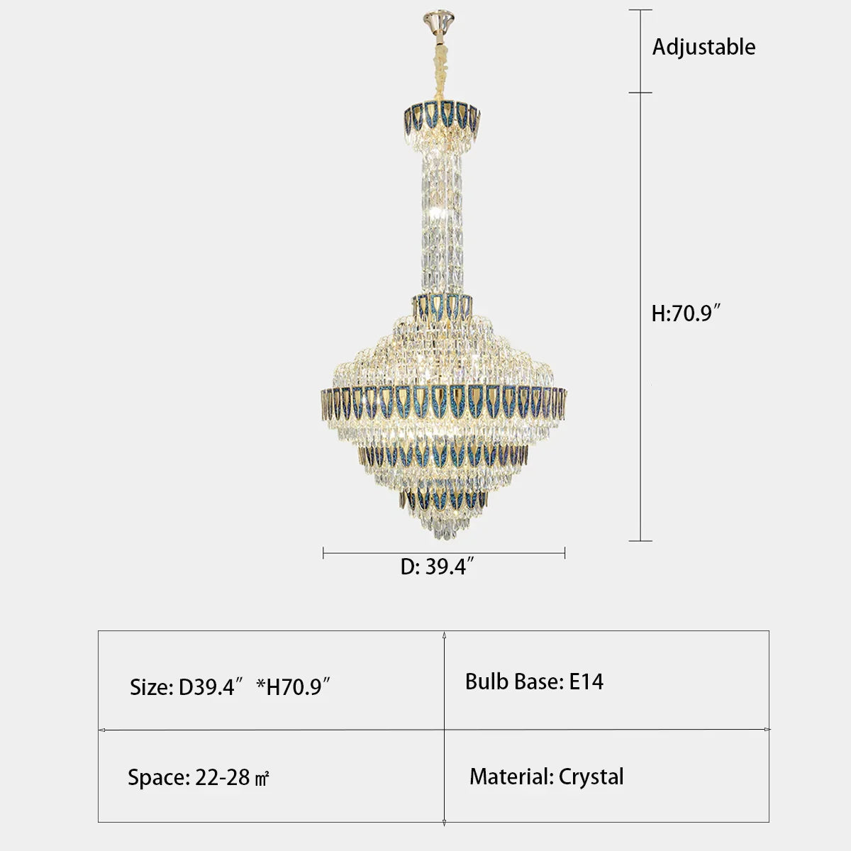 Chandelier dimension diagram with height and width measurements