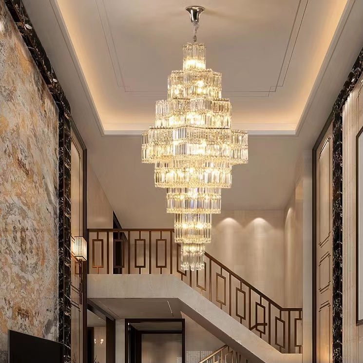 Extra Large Plaza Hall Multi - Tier Crystal Chandelier Foyer Living Room Staircase Ceiling Lighting Fixture In Chrome/ Silver Finish - 24 Lights/D23.6"*H53.5"ChromeWarm LightJoyfuzzy