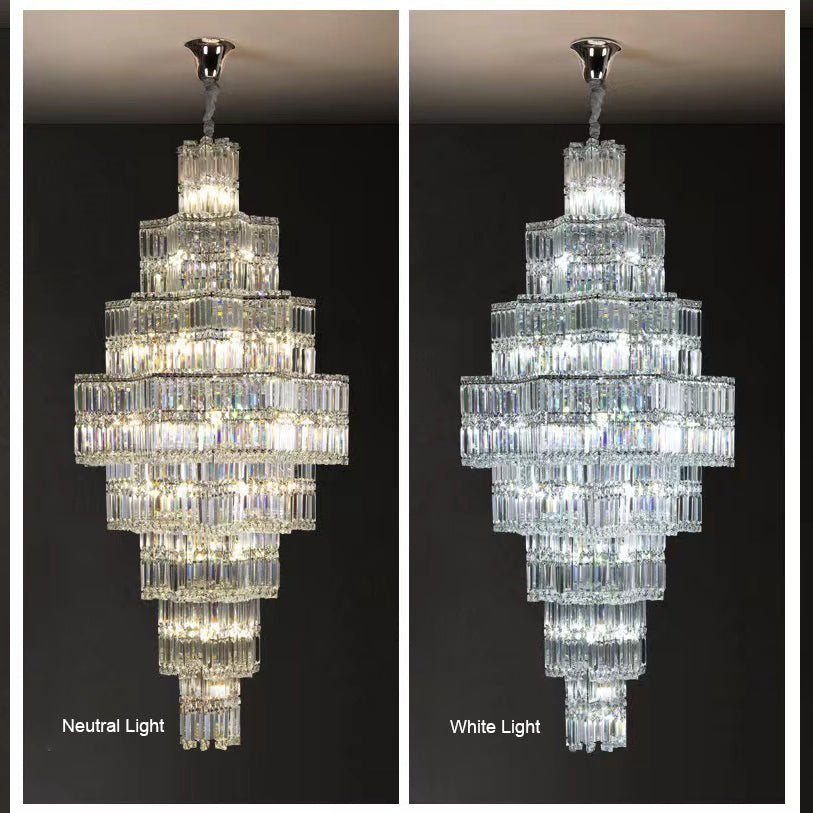 Extra Large Plaza Hall Multi - Tier Crystal Chandelier Foyer Living Room Staircase Ceiling Lighting Fixture In Chrome/ Silver Finish - 24 Lights/D23.6"*H53.5"ChromeWarm LightJoyfuzzy