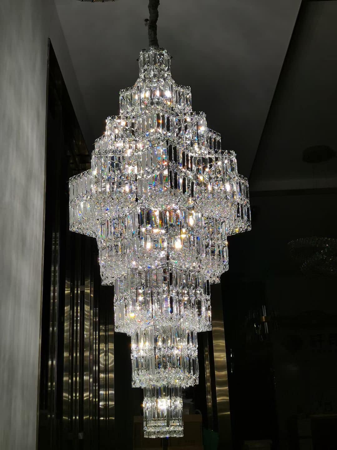 Extra Large Plaza Hall Multi - Tier Crystal Chandelier Foyer Living Room Staircase Ceiling Lighting Fixture In Chrome/ Silver Finish - 24 Lights/D23.6"*H53.5"ChromeWarm LightJoyfuzzy