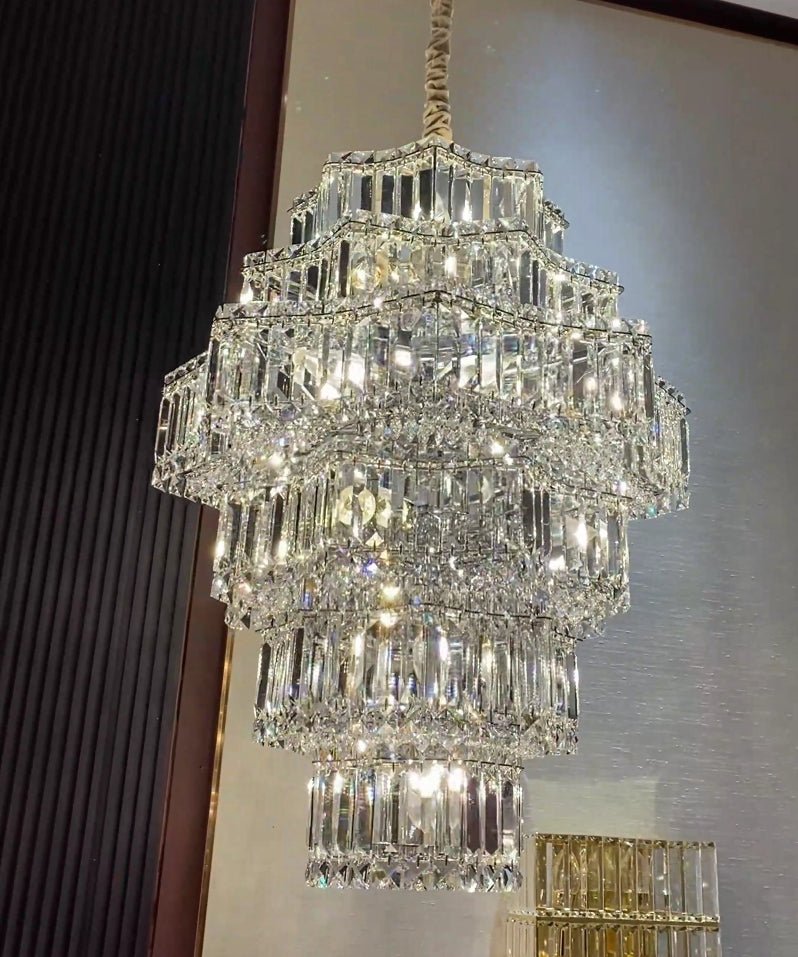 Extra Large Plaza Hall Multi - Tier Crystal Chandelier Foyer Living Room Staircase Ceiling Lighting Fixture In Chrome/ Silver Finish - Small/21 Lights/6 Layers/D22.7" * H27.8‘’ChromeWarm LightJoyfuzzy