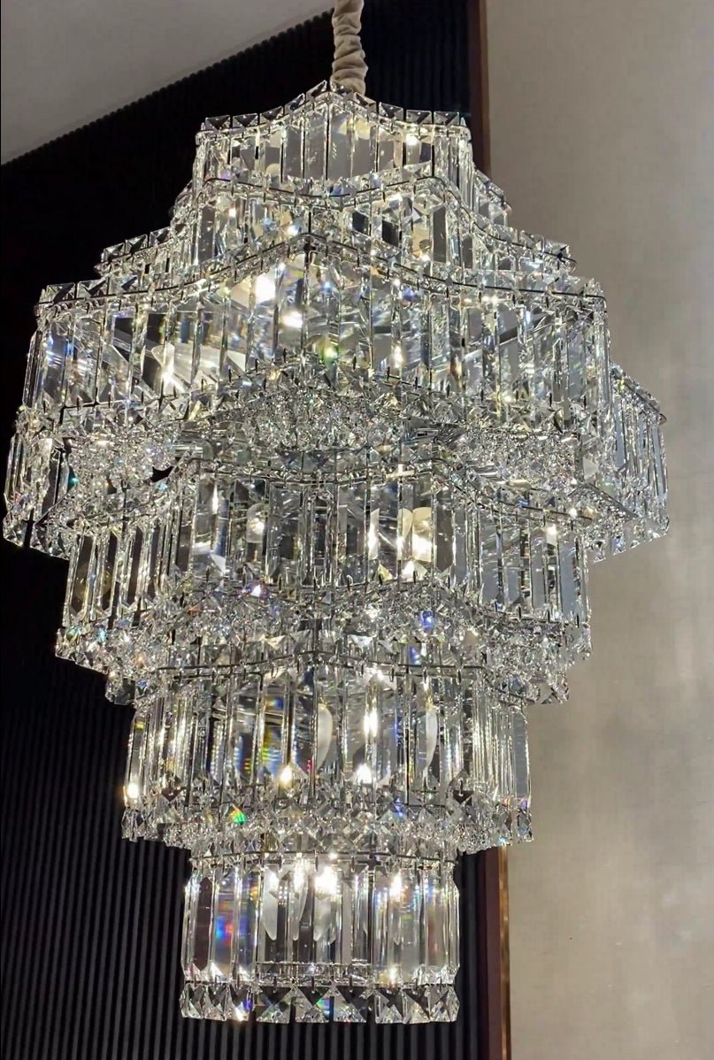 Extra Large Plaza Hall Multi - Tier Crystal Chandelier Foyer Living Room Staircase Ceiling Lighting Fixture In Chrome/ Silver Finish - Small/21 Lights/6 Layers/D22.7" * H27.8‘’ChromeWarm LightJoyfuzzy