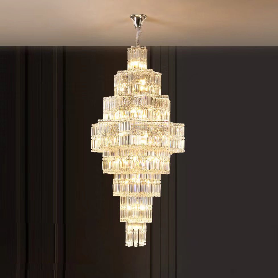 Extra Large Plaza Hall Multi - Tier Crystal Chandelier Foyer Living Room Staircase Ceiling Lighting Fixture In Chrome/ Silver Finish - 24 Lights/D23.6"*H53.5"ChromeWarm LightJoyfuzzy