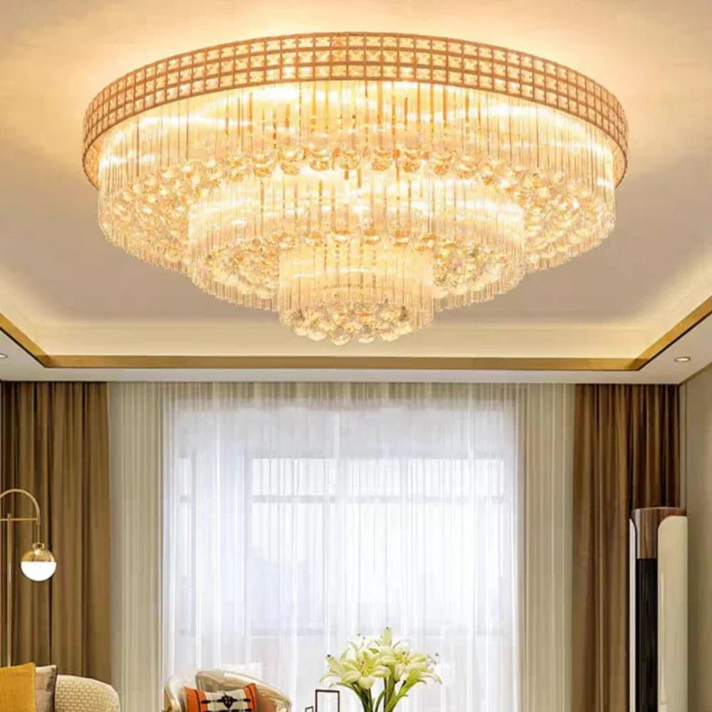 Extra Large Three Layers Round Luxury Flush Mounted Crystal Chandelier for Living Room - Joyfuzzy
