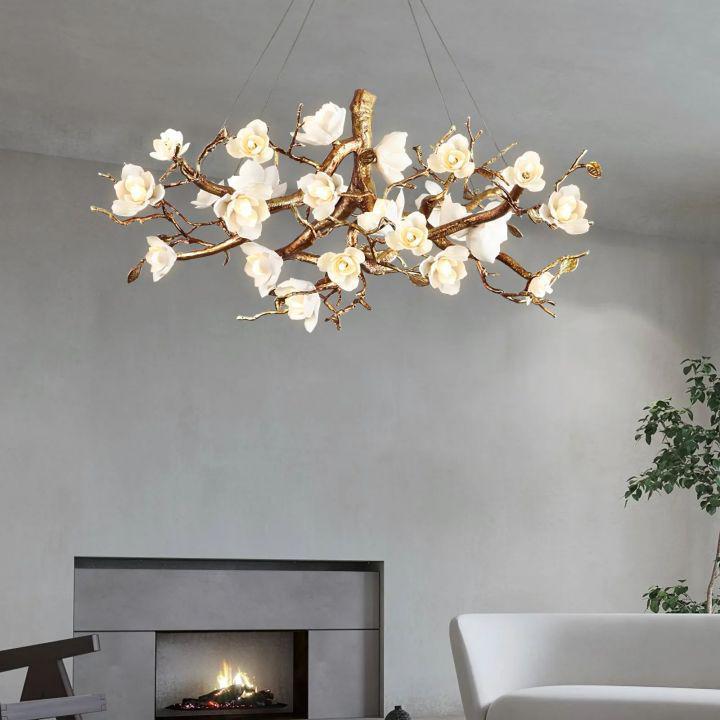 Flower Bloom Branch Brass Chandelier - Brass and WhiteDia 31.5″(80cm) x H 15.7″(40cm)Joyfuzzy