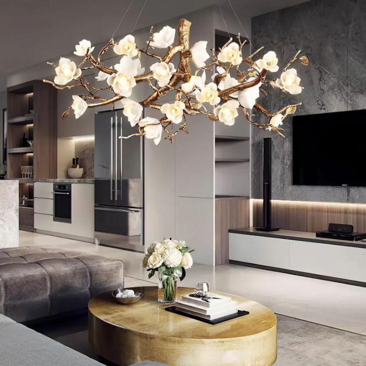 Flower Bloom Branch Brass Chandelier - Brass and WhiteDia 39.4″(100cm) x H 15.7″(40cm)Joyfuzzy