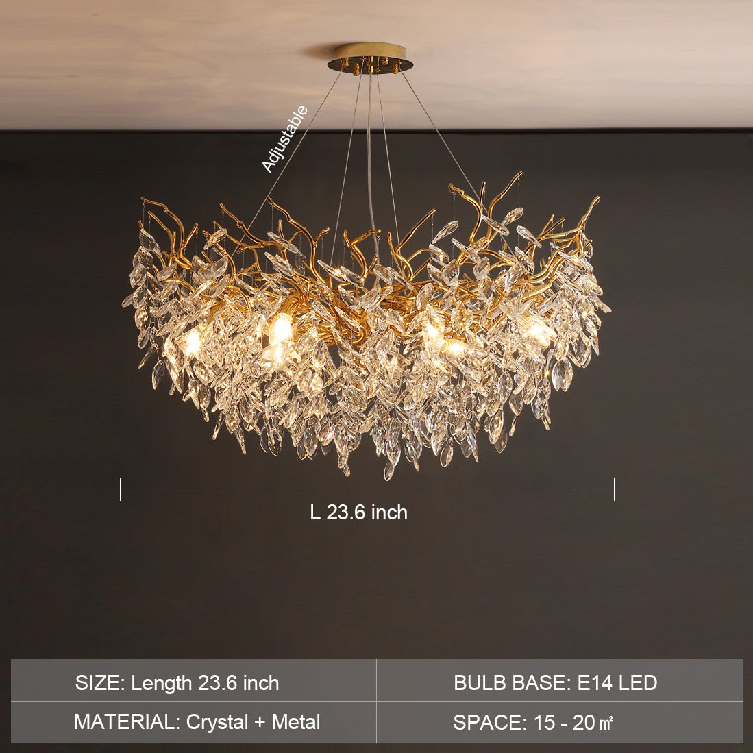 French Branch Crystal Chandelier with Elegant Crystal Leaves - Round D 23.6"/8 Lights/15kgWarm LightJoyfuzzy