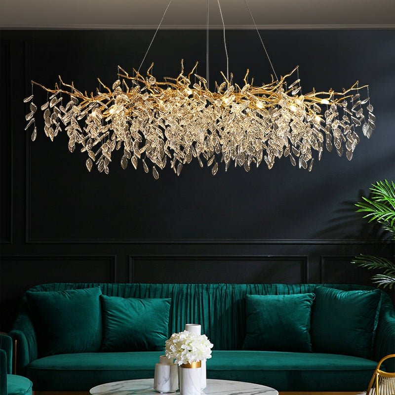 French Branch Crystal Chandelier with Elegant Crystal Leaves - Rectangle L 70.9"*W23.6"*H19.7"/18 Lights/43.8kgWarm LightJoyfuzzy