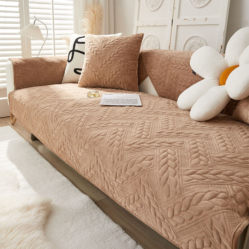 Warm Crystal Velvet Wheat Embroidery Non-Slip Couch Cover