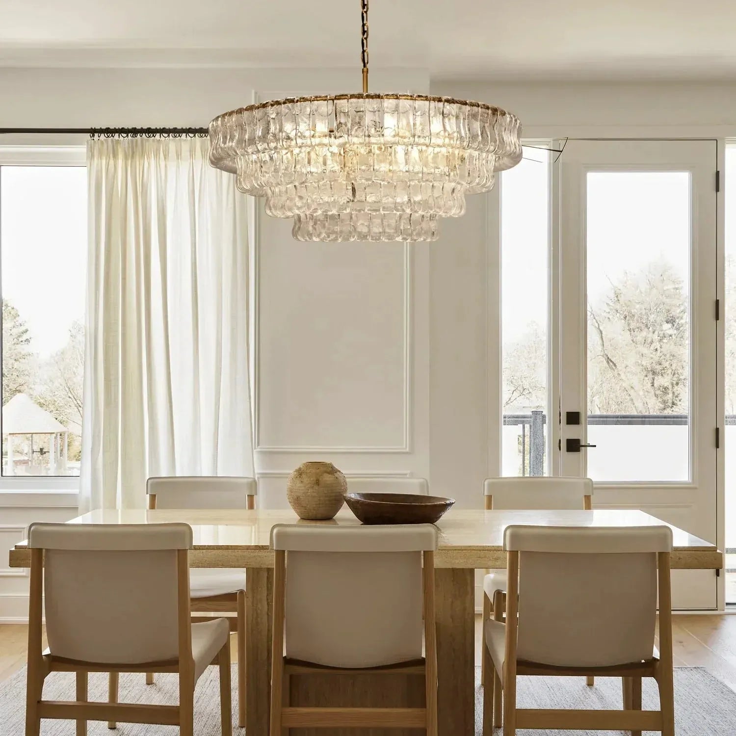 Ghiacio Glass Round Chandelier 24" 36" 48" 60"-3-Tier 24"-Brass-Clear