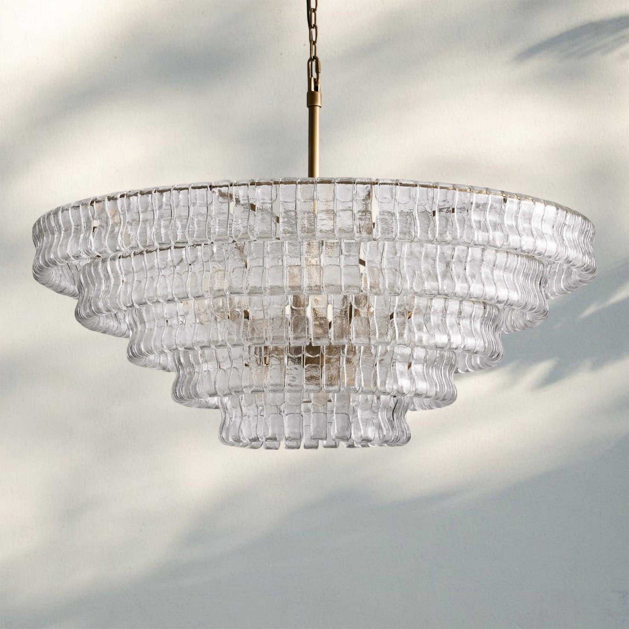 Ghiacio Glass Round Chandelier 24" 36" 48" 60"-5-Tier 48"-Brass-Clear