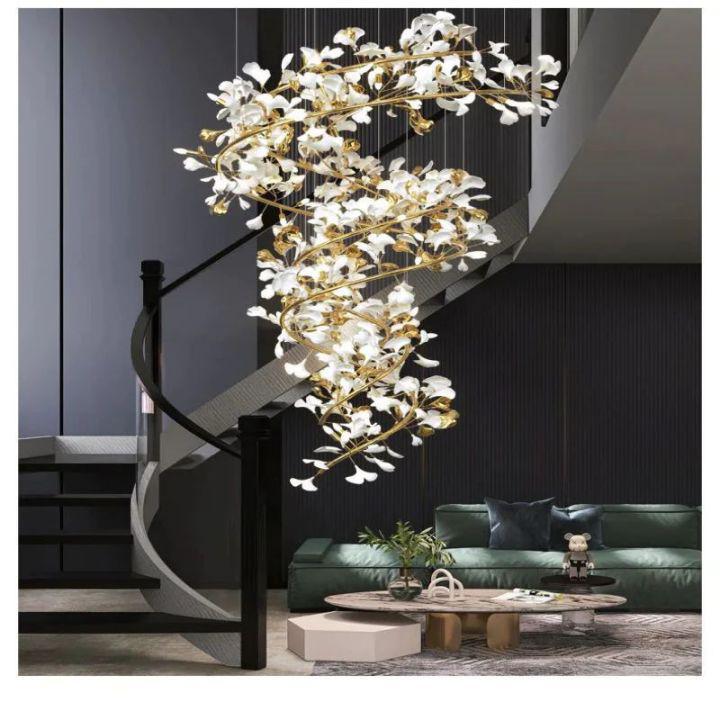 Ginkgo Cascading B (Spiral) Branch Chandelier - White + gold accentsH150CM (H59")Joyfuzzy