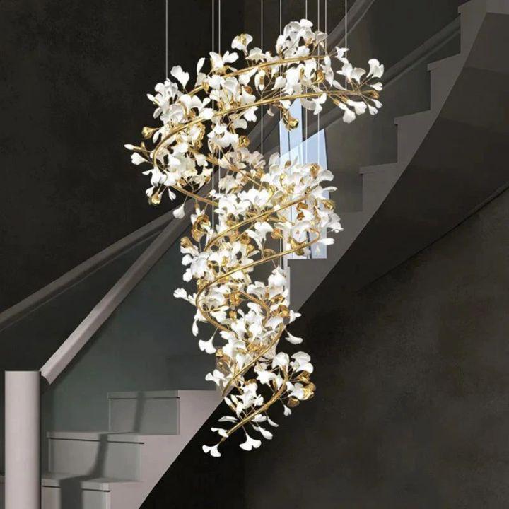 Ginkgo Cascading B (Spiral) Branch Chandelier - White + gold accentsH150CM (H59")Joyfuzzy