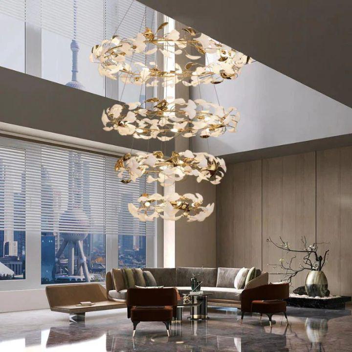 Ginkgo Rings Linear Branch Chandelier - All white leavesD47¼"+D39¼"+ D31½" +D23½"Joyfuzzy