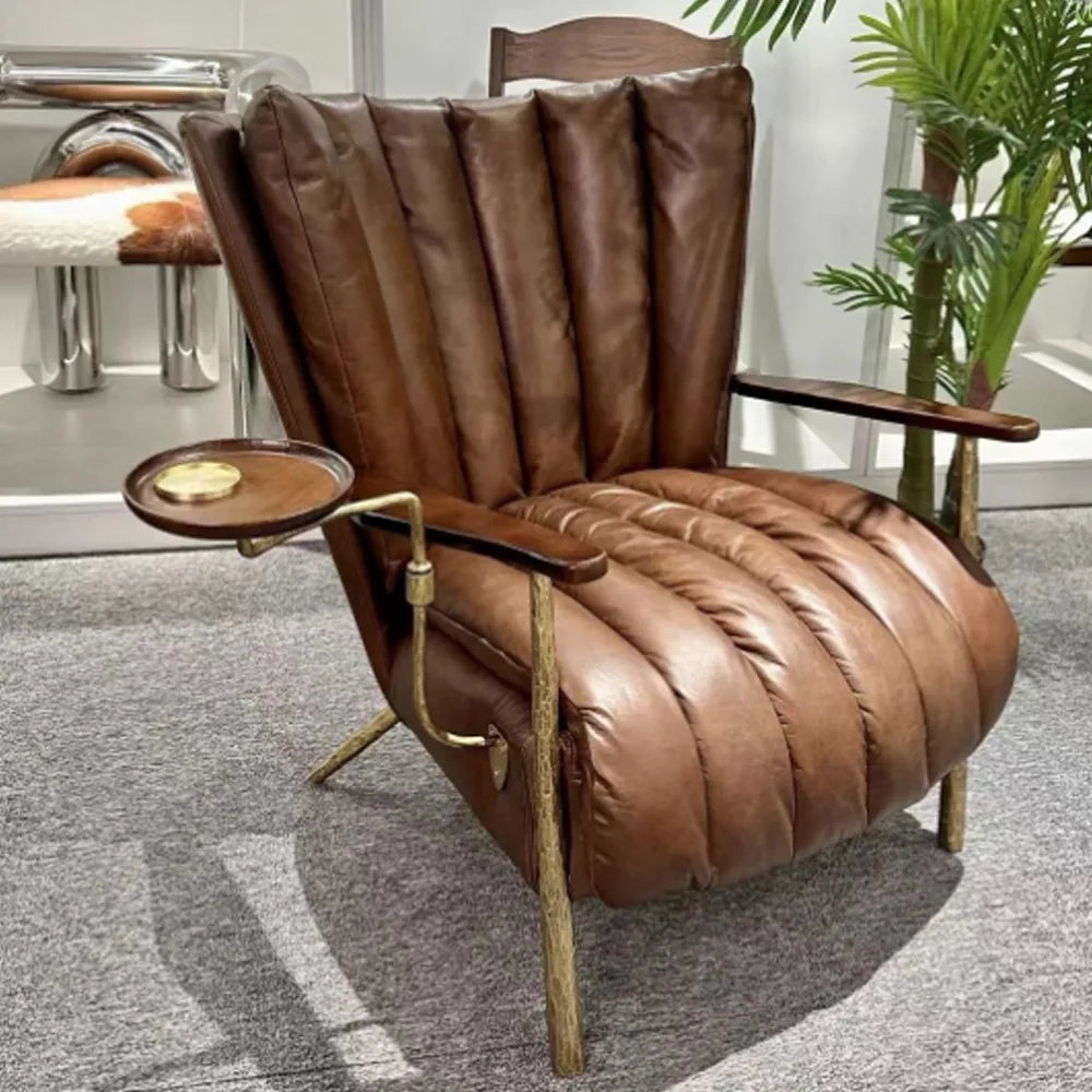 Comfy Accent Chair Metal Leg Brown Oil Imitation Leather Lounge Chair Modern Living Room Furniture
