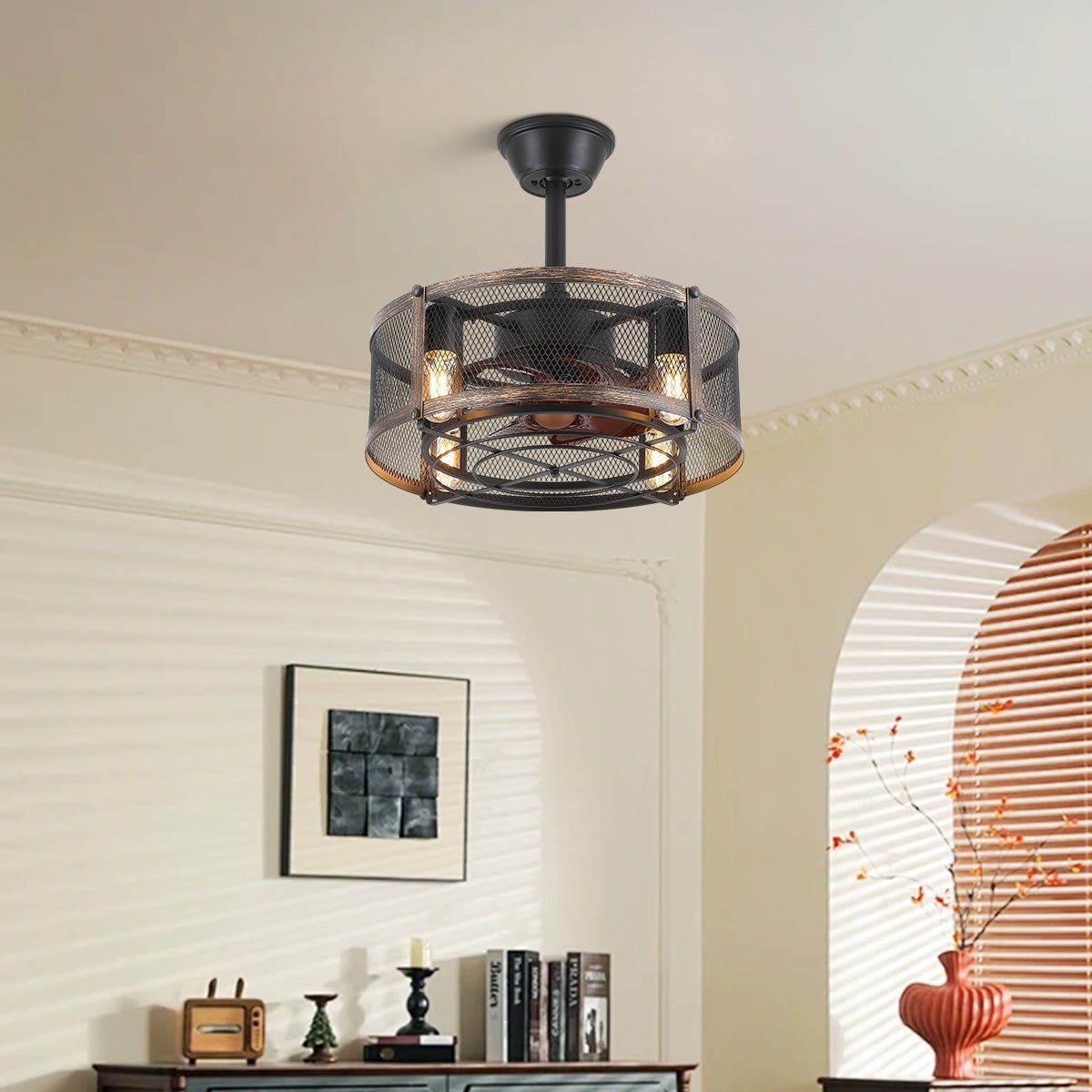 Iron Cage Country Wood Grain Black Ceiling Fan Light 18" - Joyfuzzy
