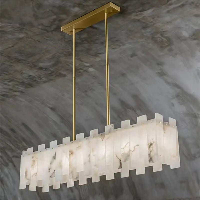 Jean Modern Marble Alabaster Linear Chandelier Over Dining Table - Joyfuzzy