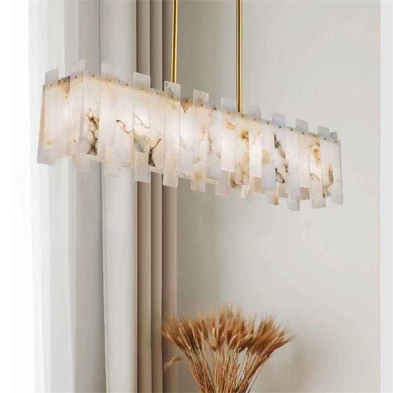 Jean Modern Marble Alabaster Linear Chandelier Over Dining Table - Joyfuzzy