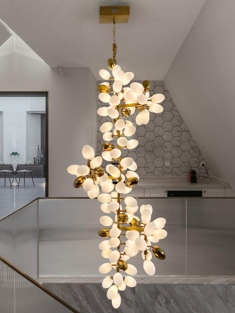 Large Branch Copper Chandelier with Grape Shape Bulbs Unique and Creative Light Fixture for Staircase/ Duplex/ High Ceiling Living Room/ Restaurant - H 118.1" * D 29.5"Warm LightJoyfuzzy