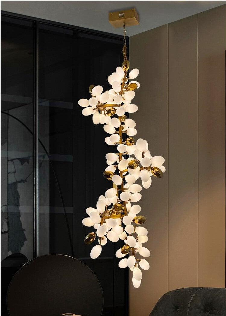 Large Branch Copper Chandelier with Grape Shape Bulbs Unique and Creative Light Fixture for Staircase/ Duplex/ High Ceiling Living Room/ Restaurant - H 78.7" * D 29.5"Warm LightJoyfuzzy