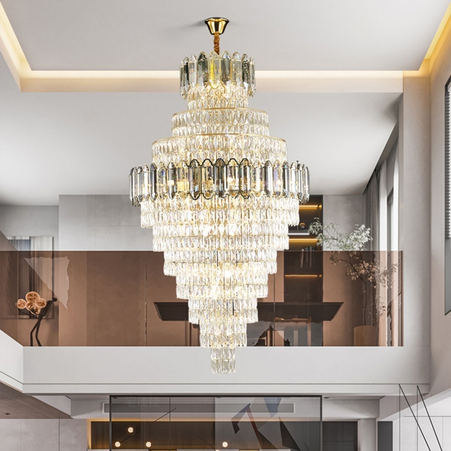 Large Staircase Crystal Chandelier Living Room Ceiling Light Fixture For Hotel Entrance In Gold Finish - D59.1"*H96.5"/ 80 LightsWarm LightJoyfuzzy