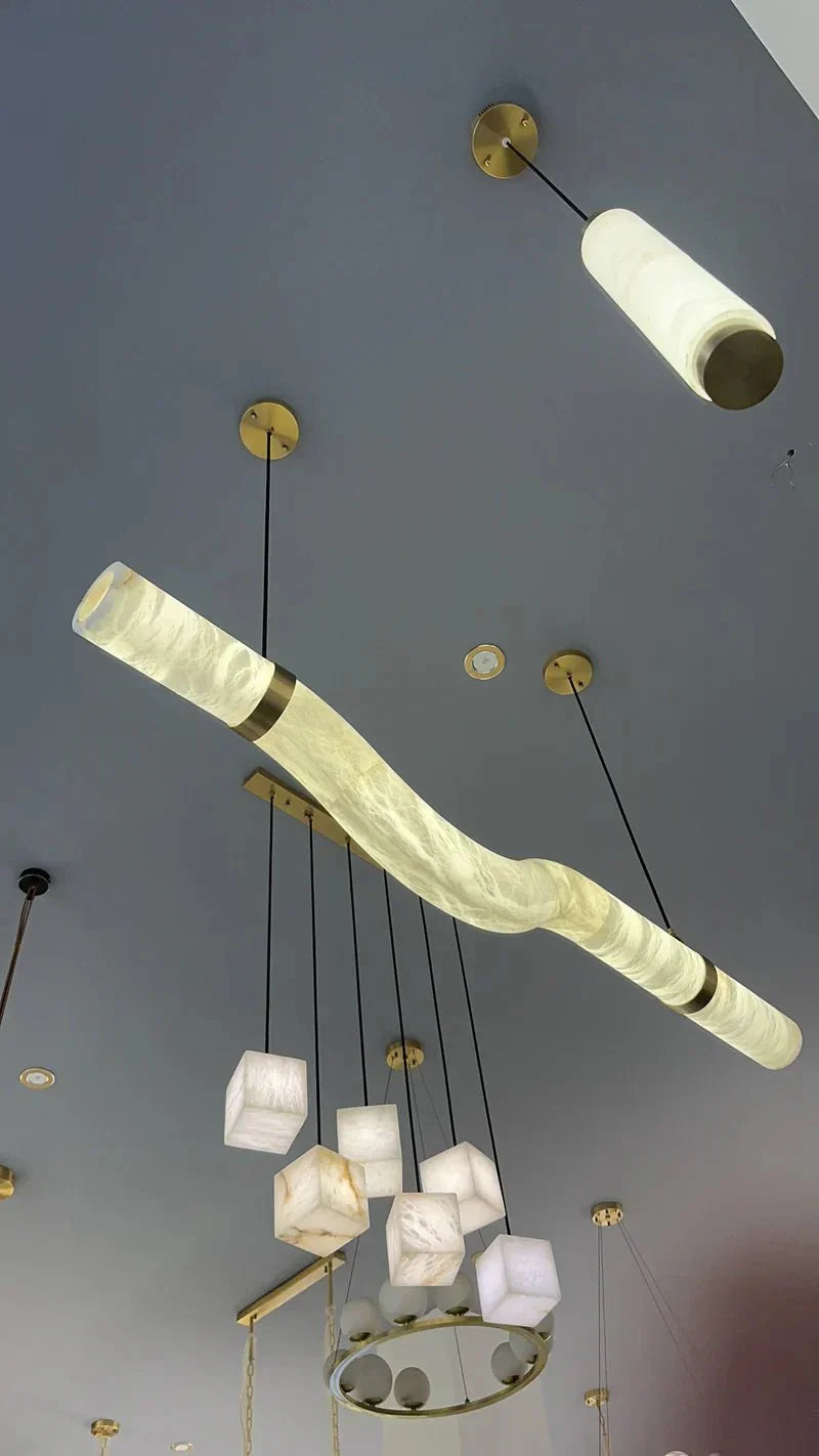 Liberty Curved Pendant Alabaster Chandelier, Pendant Light Over Dining Table - Style ABrassJoyfuzzy