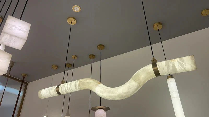 Liberty Curved Pendant Alabaster Chandelier, Pendant Light Over Dining Table - Style ABrassJoyfuzzy