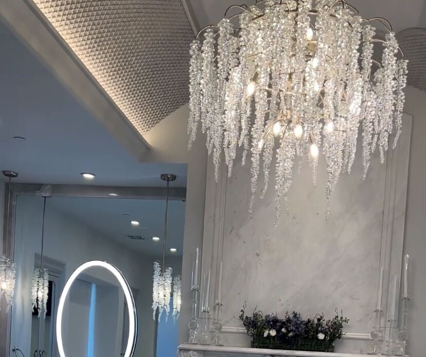 Light Luxury Silver Flower Branch Chandelier with Icicle Details for Bedroom Dining Room and Hallway - 9 Lights/D 23.6"*H 27.8"Warm LightJoyfuzzy