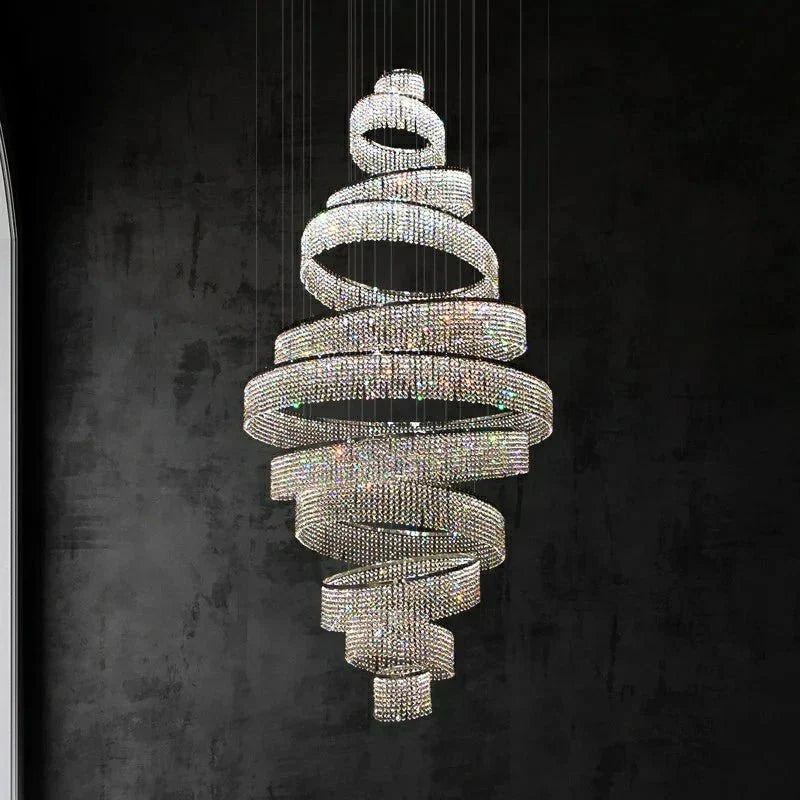 Long Crystal Tassel Rings Chandelier Extra Large Living Room Staircase High Ceiling Lighting Fixture - Joyfuzzy