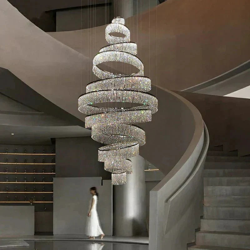 Long Crystal Tassel Rings Chandelier Extra Large Living Room Staircase High Ceiling Lighting Fixture - Joyfuzzy