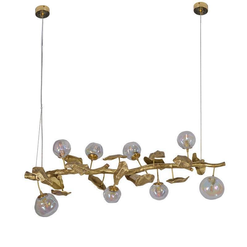 Long Organic Glass Bubble Brass Leaves Branch Chandelier 59" L - Joyfuzzy
