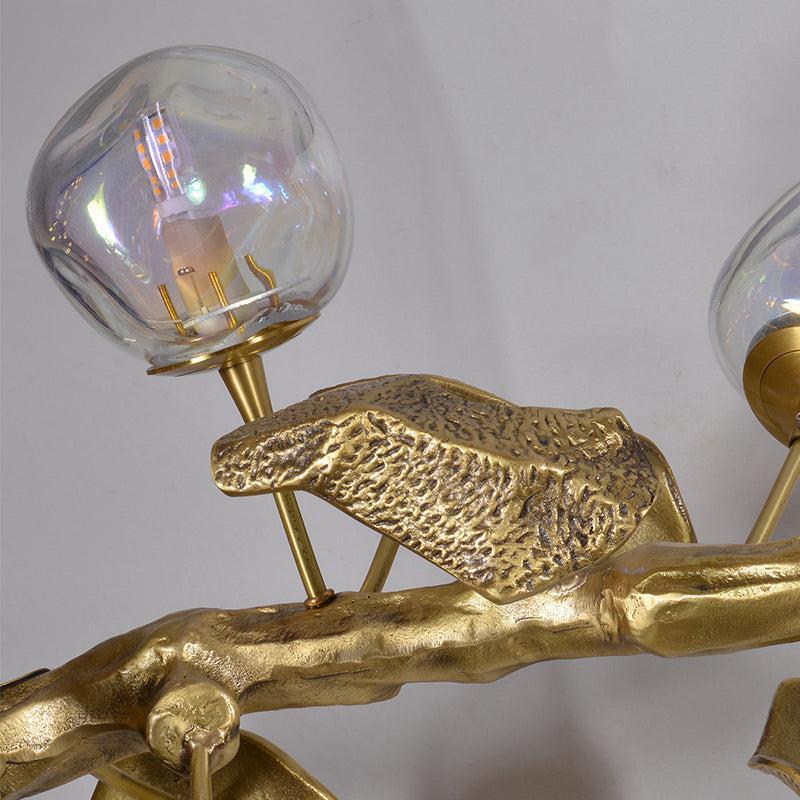 Long Organic Glass Bubble Brass Leaves Branch Chandelier 59" L - Joyfuzzy