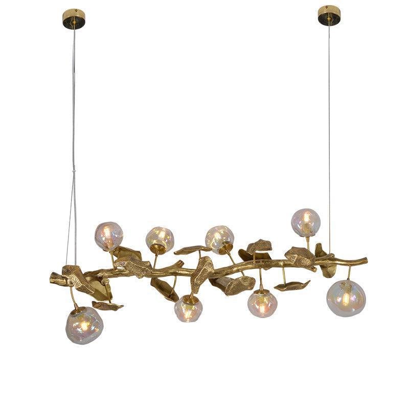 Long Organic Glass Bubble Brass Leaves Branch Chandelier 59" L - Joyfuzzy