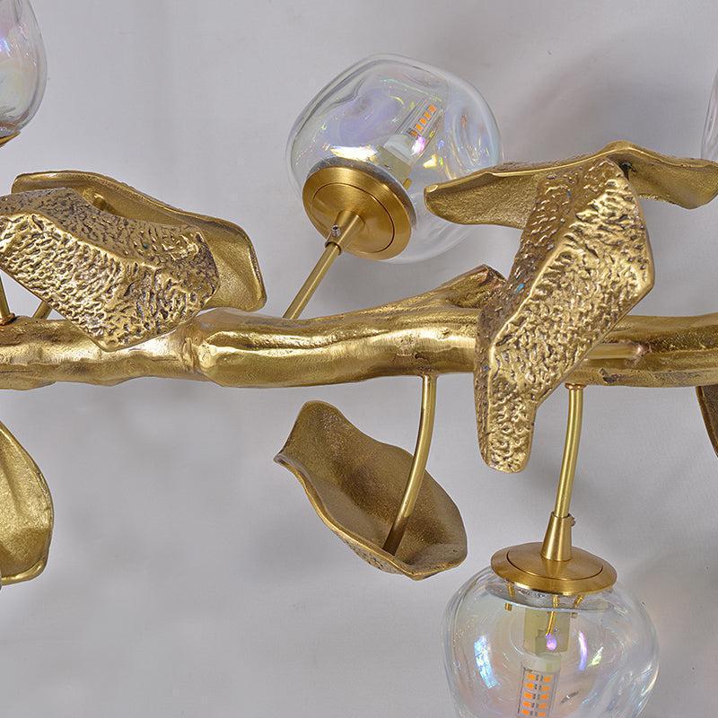 Long Organic Glass Bubble Brass Leaves Branch Chandelier 59" L - Joyfuzzy