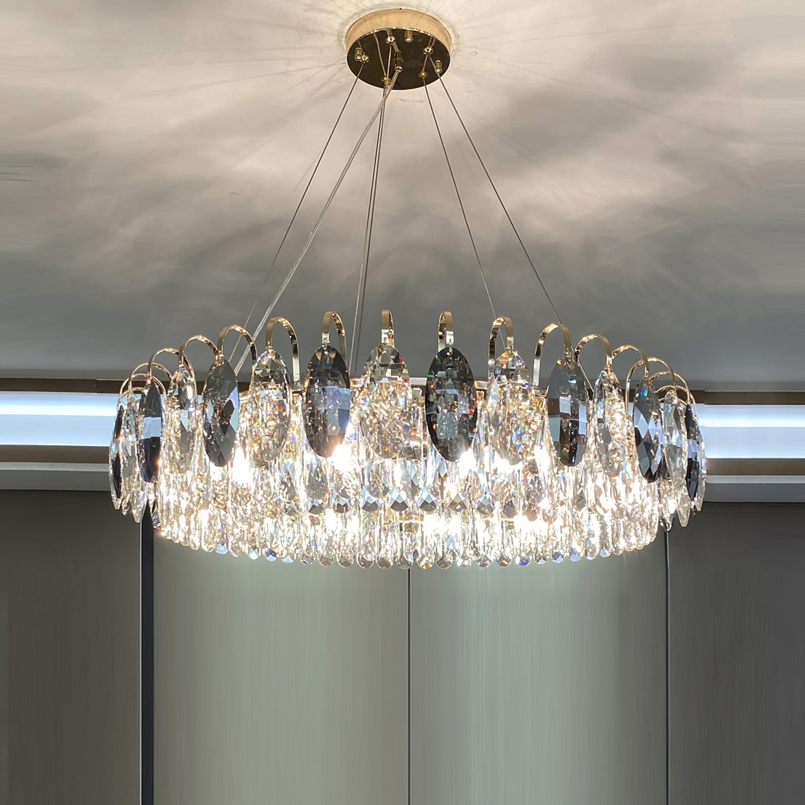 Luxurious K9 Crystal Chandelier Modern Ceiling Light Fixtures Set for Living Room/Dining Room - Round: D39.4"*H9"/12 Lights/26 kgGoldWarm LightJoyfuzzy
