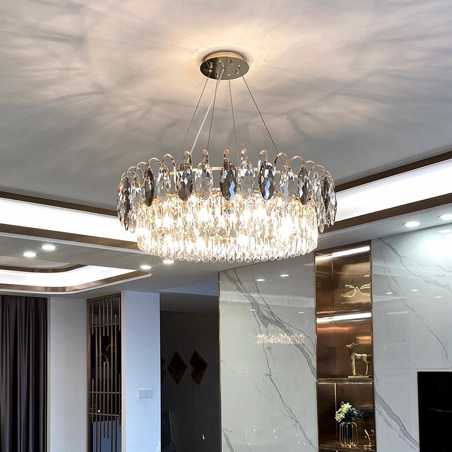 Luxurious K9 Crystal Chandelier Modern Ceiling Light Fixtures Set for Living Room/Dining Room - Round: D39.4"*H9"/12 Lights/26 kgGoldWarm LightJoyfuzzy